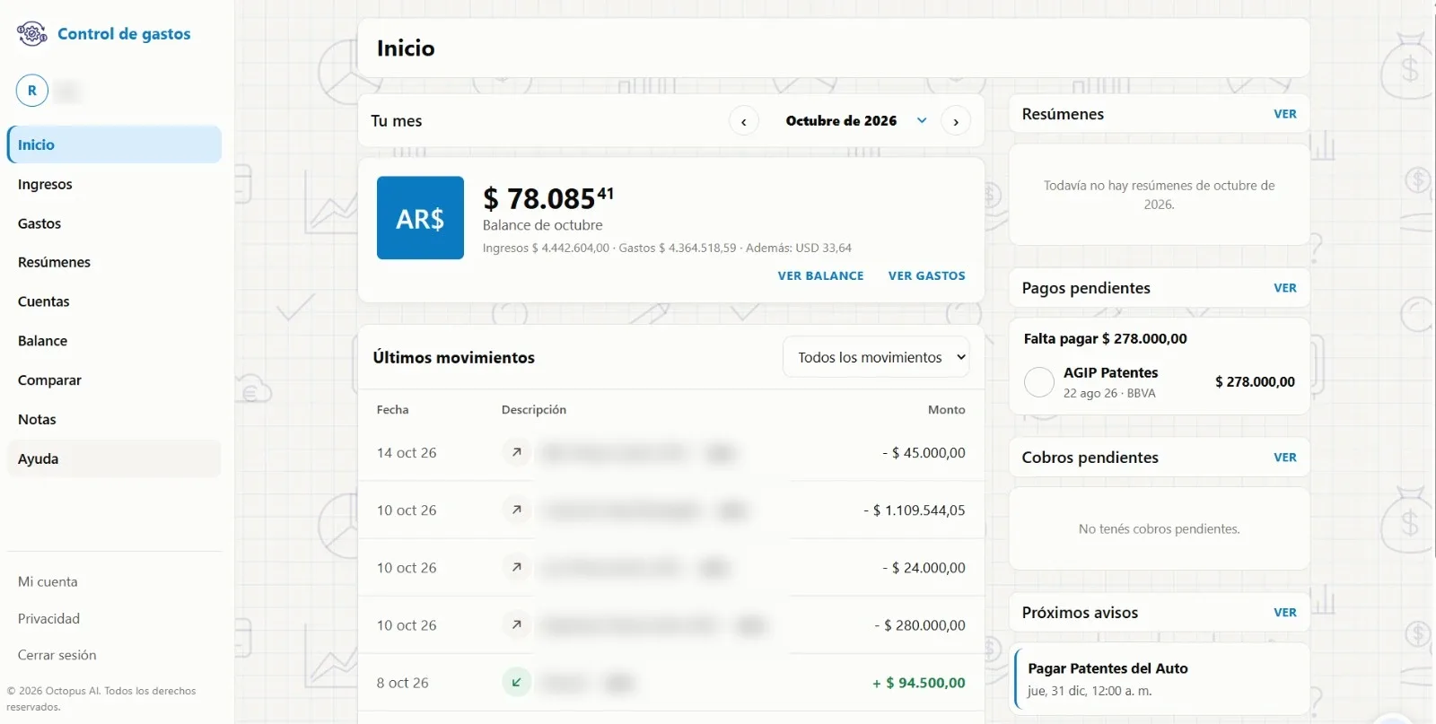 The home screen on a computer: monthly balance, latest transactions, pending payments and collections