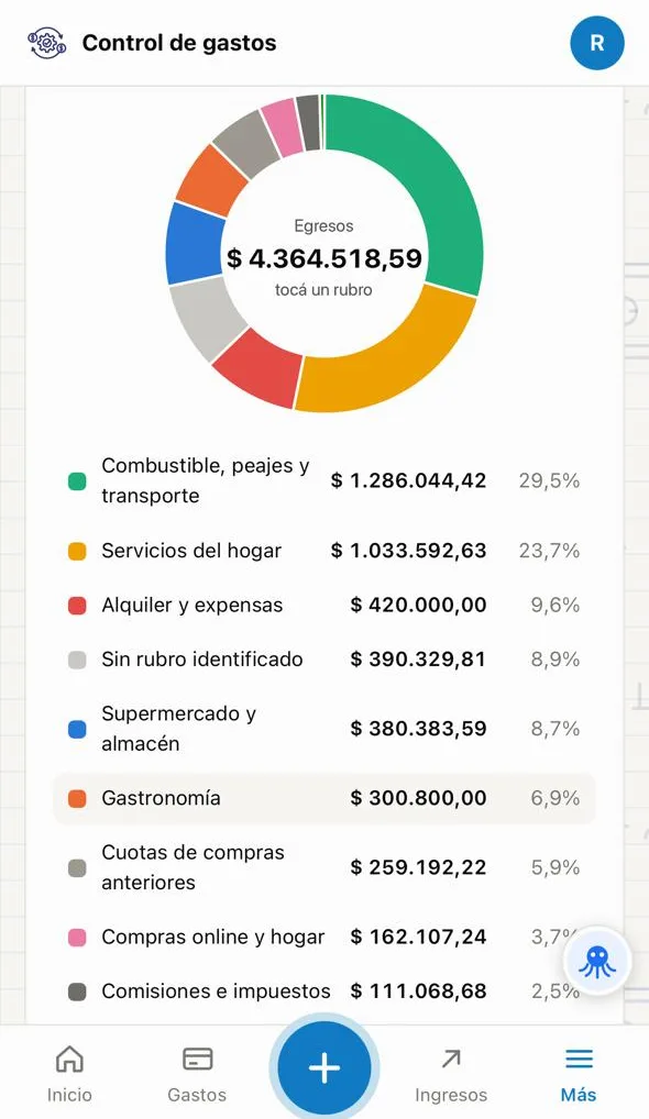 The month's expenses by category